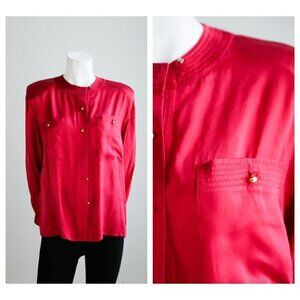 Vintage Anneés Lauder Raspberry Red Silk Button Down Blouse XL
